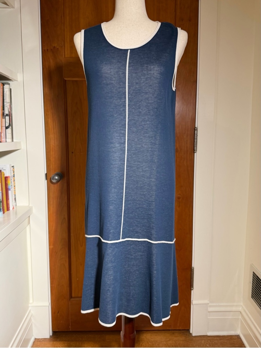 Lafayette 148 New York Navy Blue Sleeveless Knit Dress with White Trim